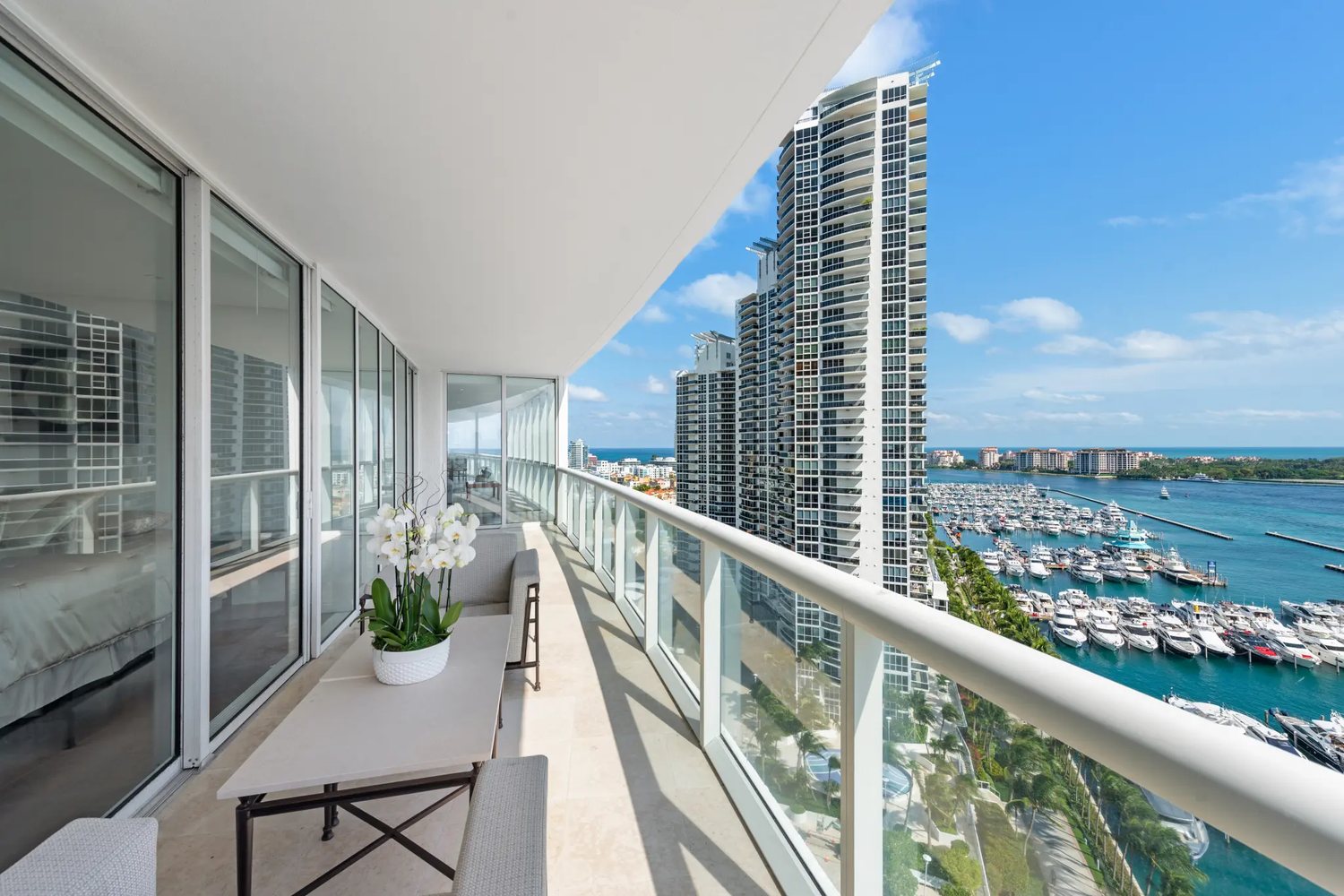 A marina-view terrace on Miami Beach